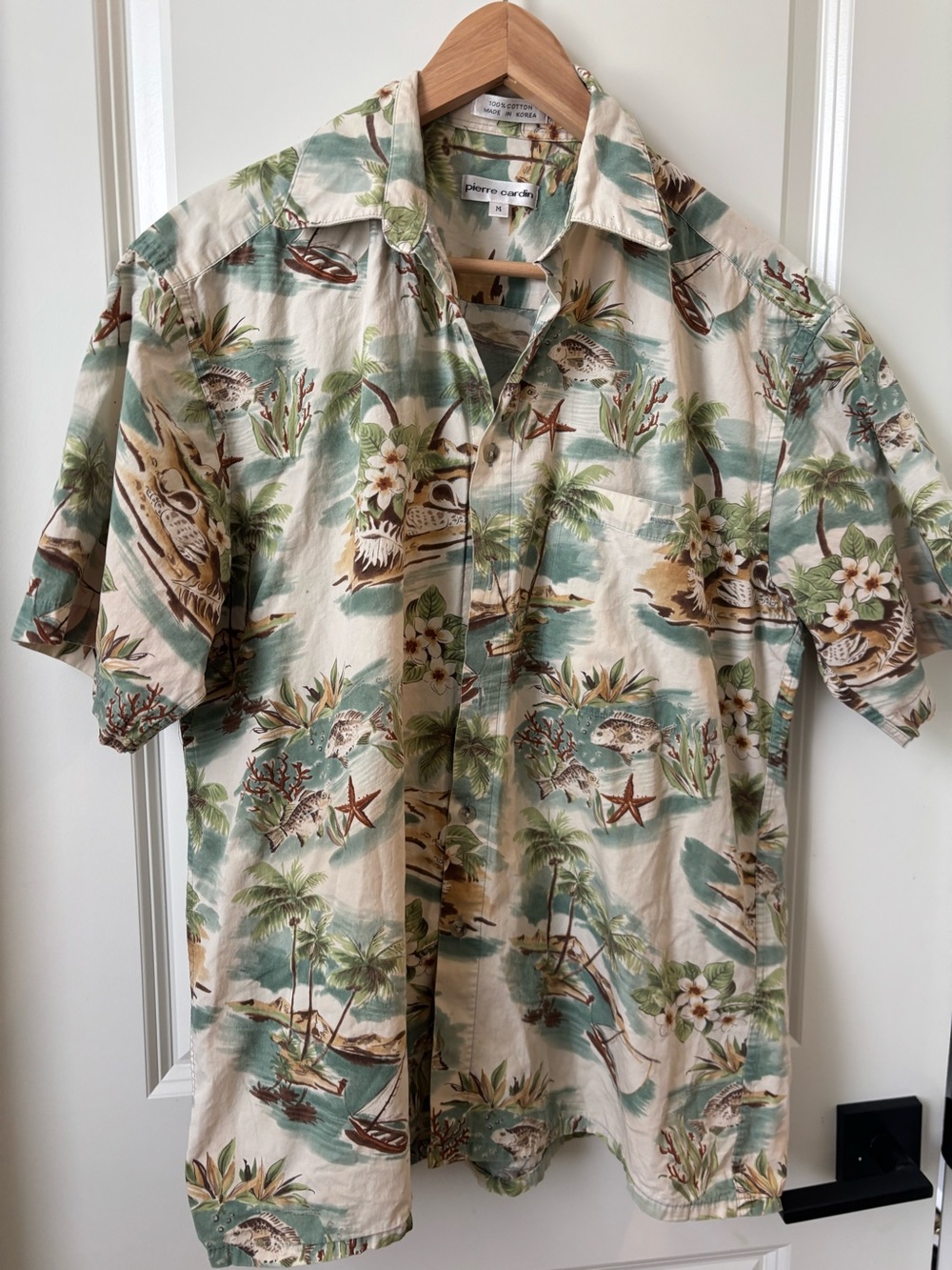 Pierre Cardin Mens Hawaiian Shirt Fish Ship Aloha Camo Size Medium